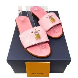 Louis Vuitton LV Logo Monogram Canvas Pink Tan Gold Lock It Flats Sandals EU37.5